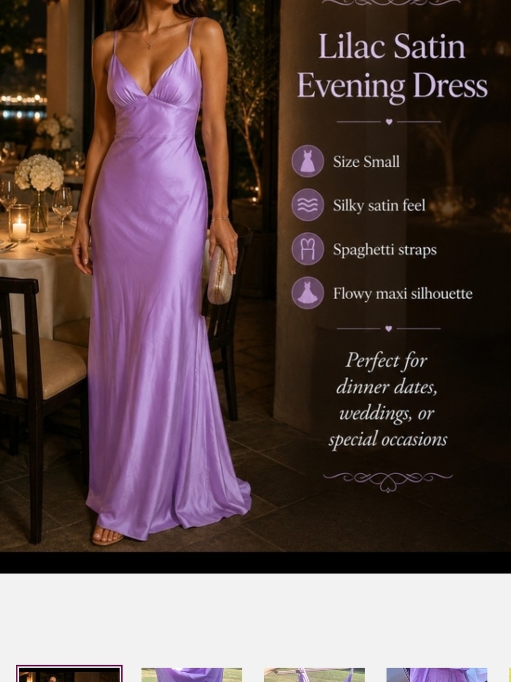 HYFVE Lilac Satin Spaghetti Strap Evening Gown